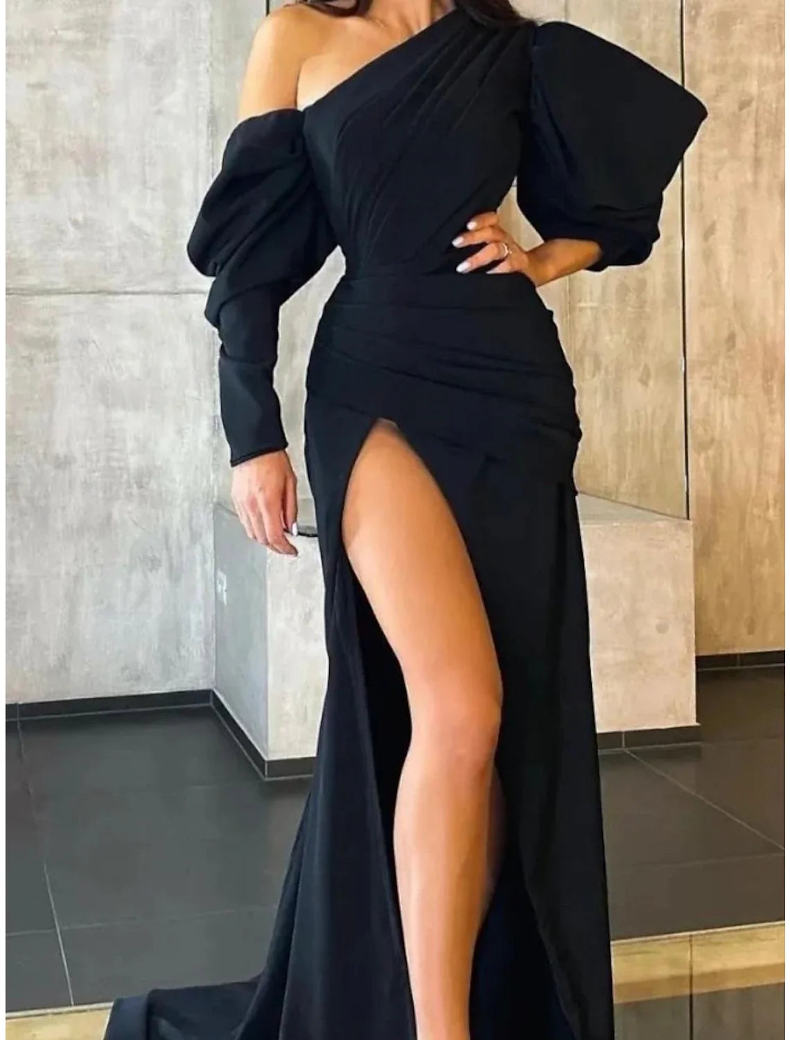 A-Line Evening Gown Elegant Dress Formal Sweep / Brush Train Black Dress Long Sleeve One Shoulder Satin with Pleats Ruched Slit 2026