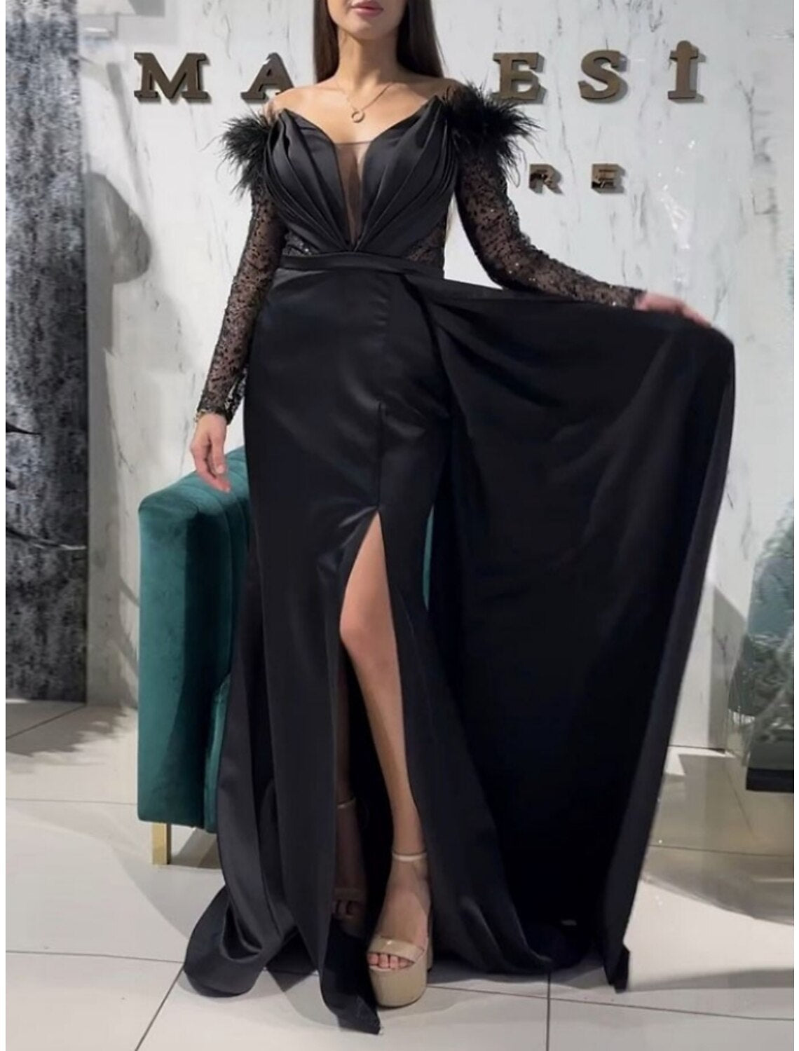 A-Line Evening Gown Party Dress Black Dress Formal Sweep / Brush Train Long Sleeve Off Shoulder Sequined with Feather Pleats Slit 2026