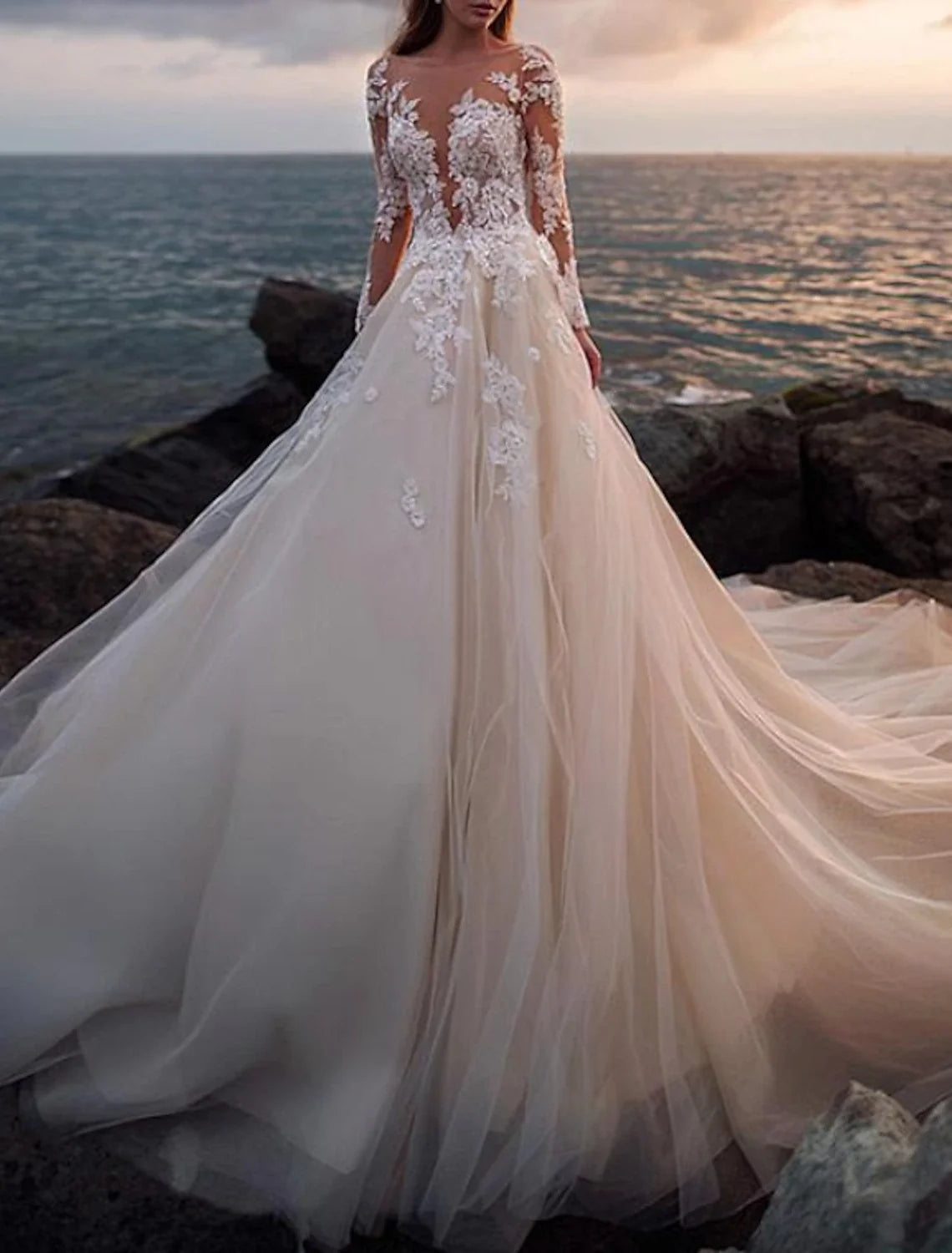 Beach Open Back Wedding Dresses A-Line Illusion Neck Long Sleeve Court Train Lace Bridal Gowns With Appliques