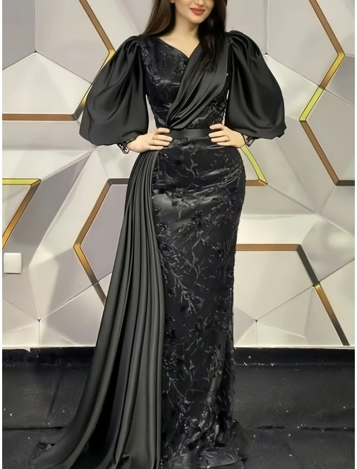 Sheath Black Dress Evening Gown Elegant Dress Formal Sweep / Brush Train Long Sleeve V Neck Satin with Pleats Appliques 2026