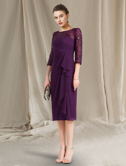 Sheath / Column Mother of the Bride Dress Plus Size Elegant Jewel Neck Knee Length Chiffon Short Sleeve with Sequin Side-Draped