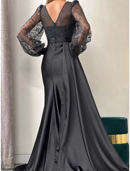 A-Line Evening Gown Elegant Dress Formal Christmas Red Green Dress Court Train Long Sleeve V Neck Satin with Pleats Ruched Slit 2026