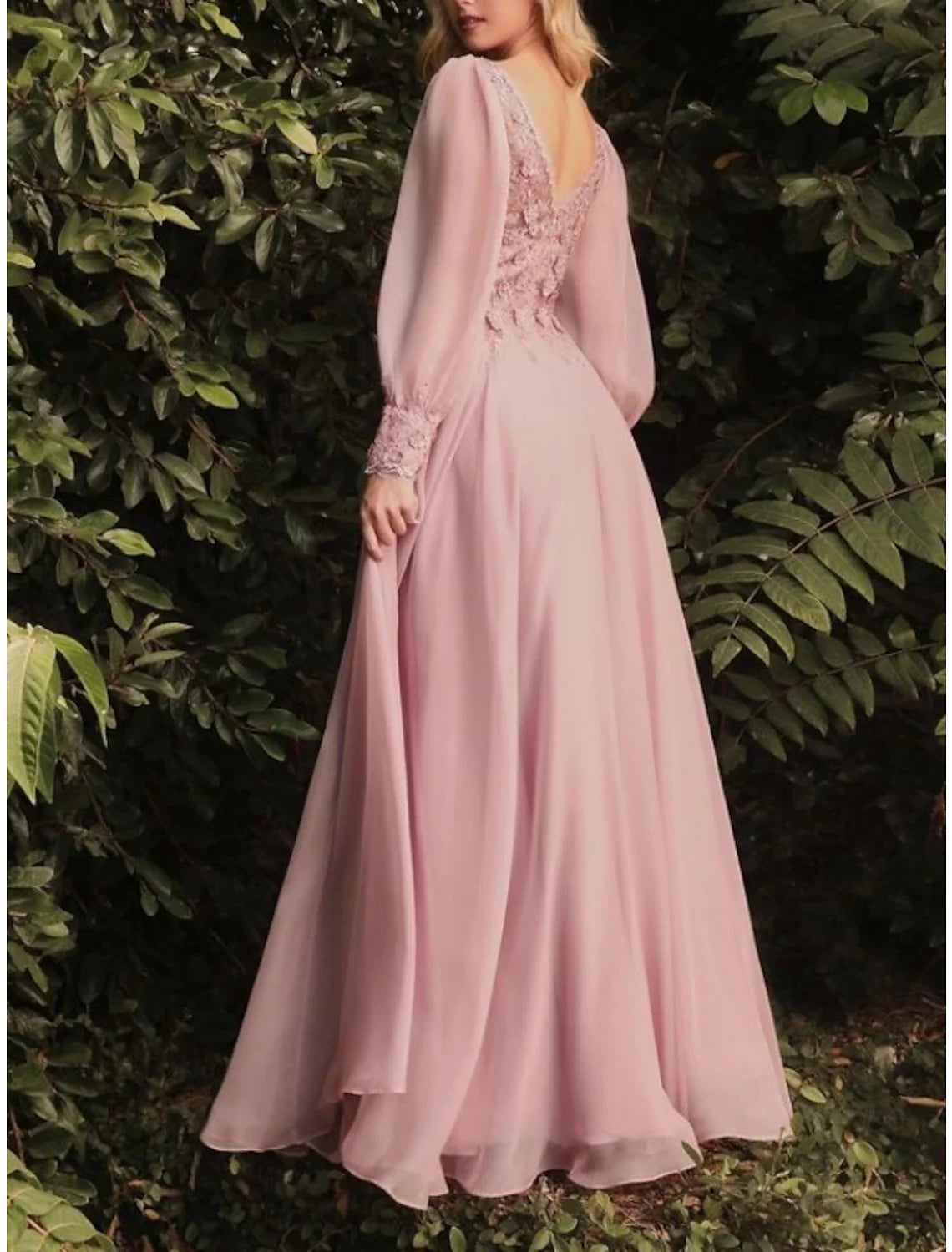 Sheath / Column Wedding Guest Dresses Elegant Dress Wedding Guest Floor Length Long Sleeve V Neck Bridesmaid Dress Chiffon with Pleats Appliques 2026