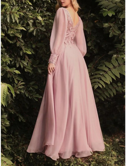 Sheath / Column Wedding Guest Dresses Elegant Dress Wedding Guest Floor Length Long Sleeve V Neck Bridesmaid Dress Chiffon with Pleats Appliques 2026