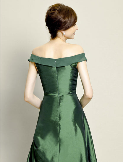 A-Line Mother of the Bride Dress Elegant High Low Off Shoulder Asymmetrical Chiffon Taffeta Short Sleeve with Pick Up Skirt Bow(s) Beading