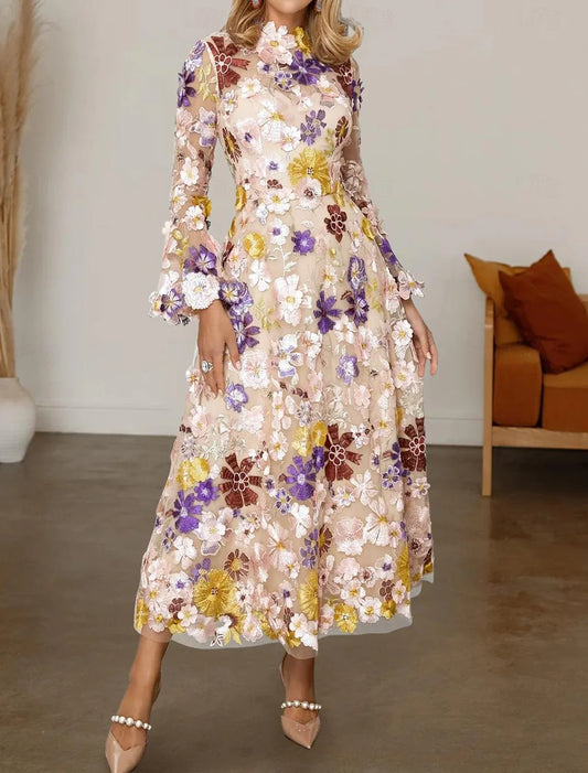 A-Line Mother of the Bride Dress Formal Wedding Guest Elegant High Neck Ankle Length Tulle Long Sleeve with Embroidery Flower