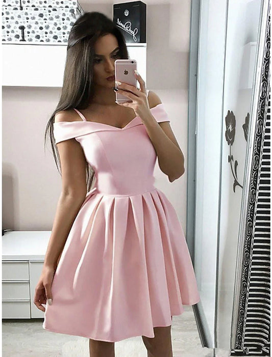 A-Line Cocktail Dresses Minimalist Dress Homecoming Party Wear Knee Length Sleeveless V Neck Pink Dress Fabric with Pleats