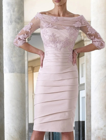 Sheath/Column Mother of the Bride Dress Wedding Guest Elegant Jewel Neck Knee Length Taffeta Half Sleeve with Appliques Ruching
