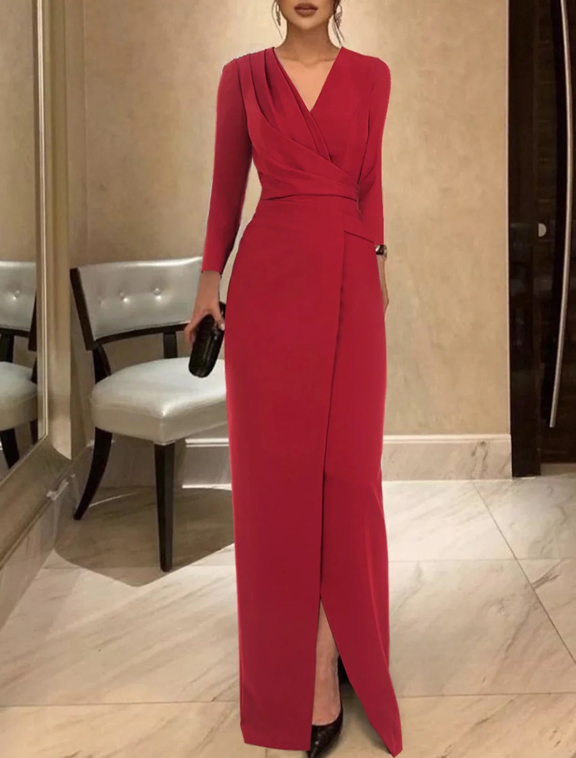 Sheath Black Dress Evening Gown Vintage Dress Formal Floor Length Long Sleeve V Neck Fabric with Ruched 2026