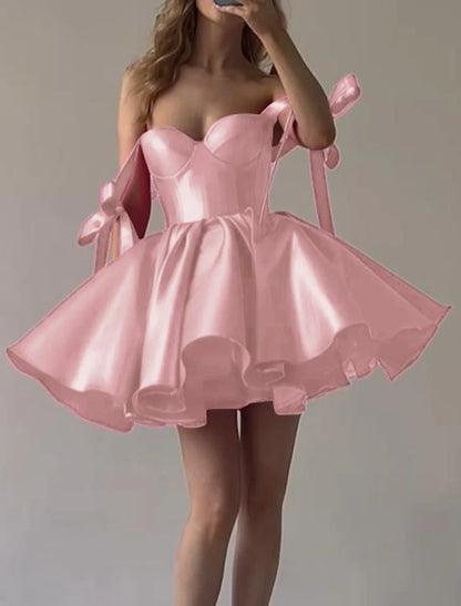 A-Line Homecoming Dresses Corsets Dress Holiday Graduation Short / Mini Sleeveless Spaghetti Strap Pink Dress Satin with Bow(s)
