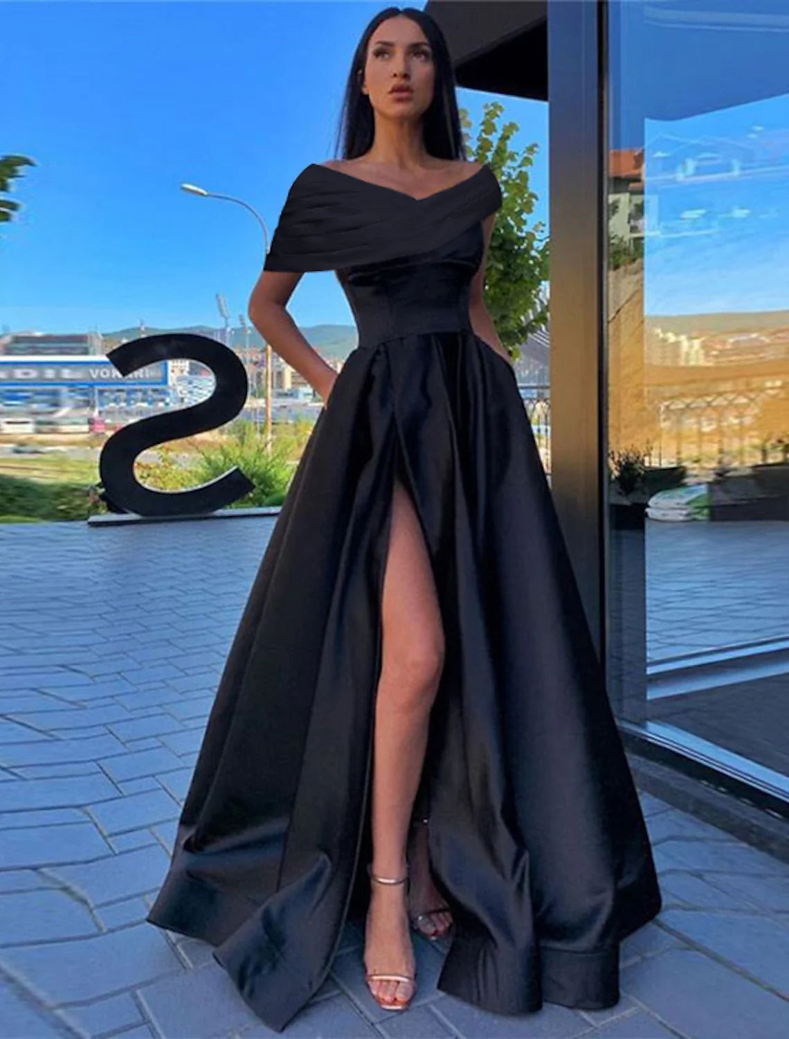 A-Line Prom Dresses Black Dress Plus Size Formal Wedding Party Floor Length Short Sleeve Off Shoulder Satin with Ruched Slit 2026