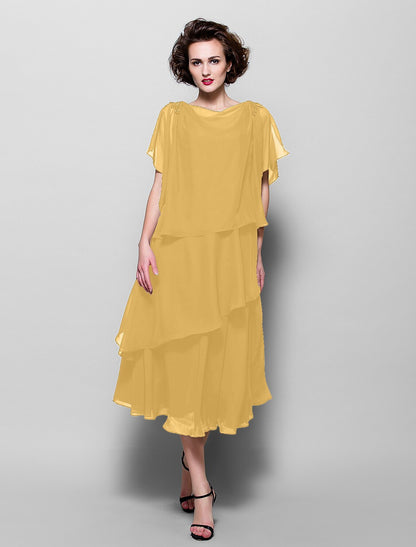 A-Line Mother of the Bride Dress Plus Size Elegant Cowl Neck Tea Length Chiffon Short Sleeve with Ruffles Crystal Brooch A-Line Mother of the Bride Dress Plus Size Elegant Cowl Neck Tea Length Chiffon Short Sleeve with Ruffles Crystal Brooch