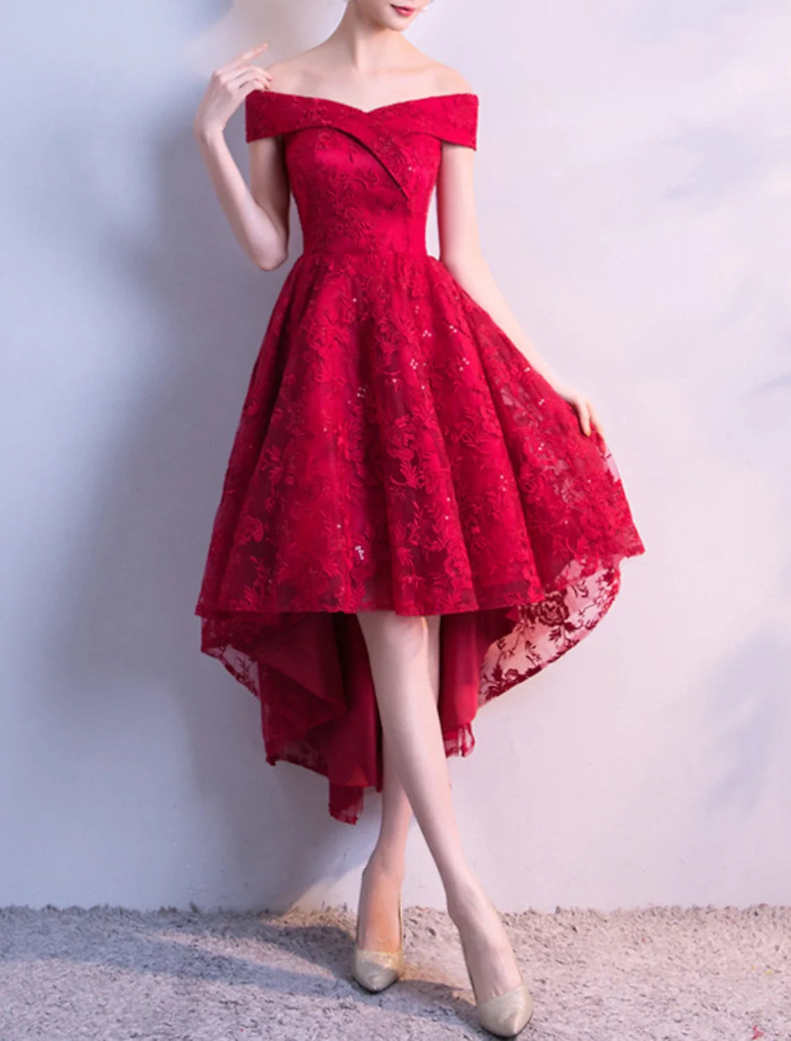 A-Line Cocktail Dresses Elegant Dress Party Wear Cocktail Party Asymmetrical Short Sleeve Off Shoulder Tulle with Pleats Embroidery