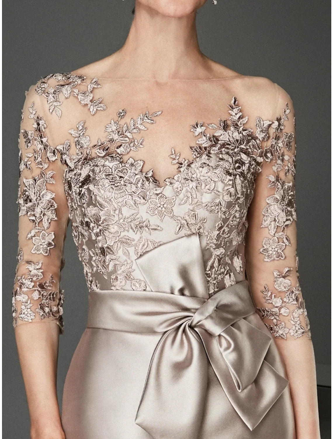 Sheath / Column Mother of the Bride Dress Wedding Guest Elegant Plus Size See Through Bateau Neck Knee Length Satin Tulle Half Sleeve with Beading Ruffles