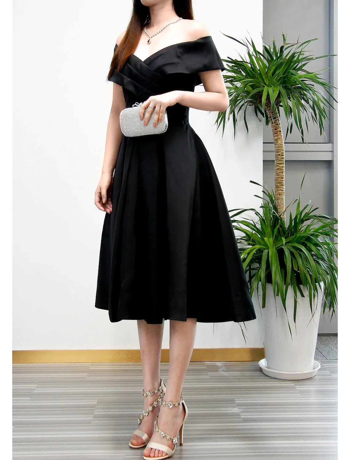 A-Line Cocktail Dresses 1950s Dress Wedding Guest Homecoming Tea Length Short Sleeve V Neck Fabric V Back with Pleats