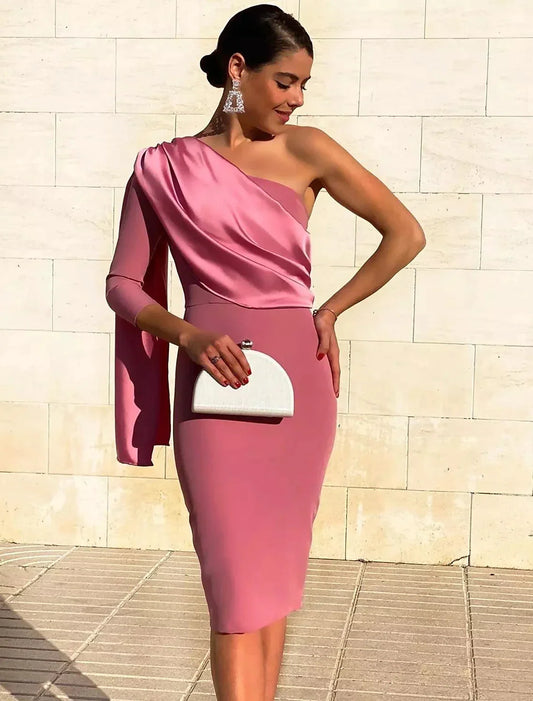Sheath / Column Cocktail Dresses Vintage Dress Fall Wedding Guest Dress Knee Length 3/4 Length Sleeve One Shoulder Fabric with Draping