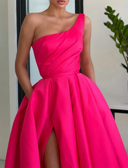 A-Line Prom Dresses Party Dress Formal Wedding Guest Sweep / Brush Train Sleeveless One Shoulder Satin with Ruched Slit 2025