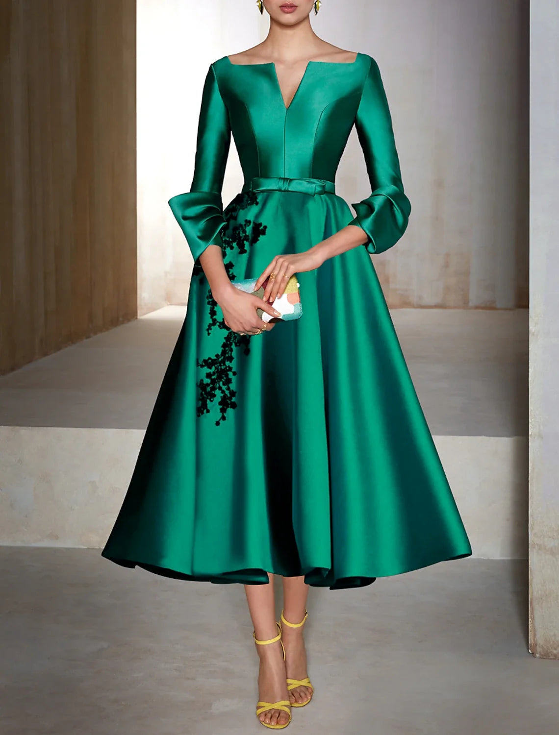 A-Line Cocktail Dresses Christmas Red Green Dress Wedding Guest Tea Length 3/4 Length Sleeve V Neck Satin with Bow(s) Appliques 2026
