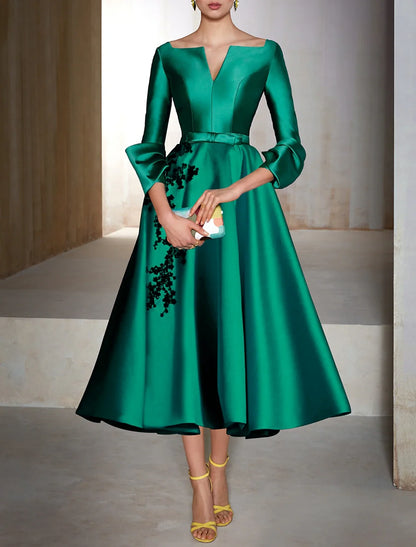 A-Line Cocktail Dresses Christmas Red Green Dress Wedding Guest Tea Length 3/4 Length Sleeve V Neck Satin with Bow(s) Appliques 2026