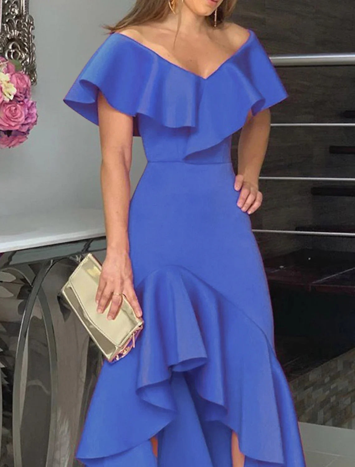 A-Line Evening Gown Minimalist Dress Wedding Guest Homecoming Asymmetrical Sleeveless Off Shoulder Satin with Ruffles Slit