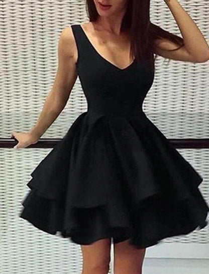 A-Line Homecoming Dresses Black Dress Dress Holiday Graduation Short / Mini Sleeveless V Neck Satin with Ruffles