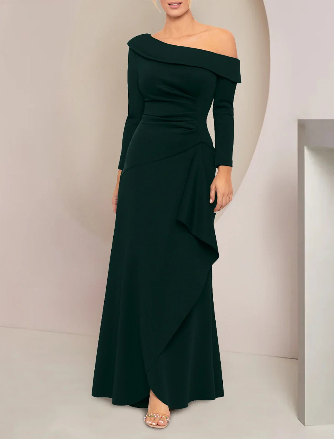 A-Line Mother of the Bride Dress Wedding Guest Elegant Party Off Shoulder Floor Length Fabric Long Sleeve with Ruffles Ruching Solid Color