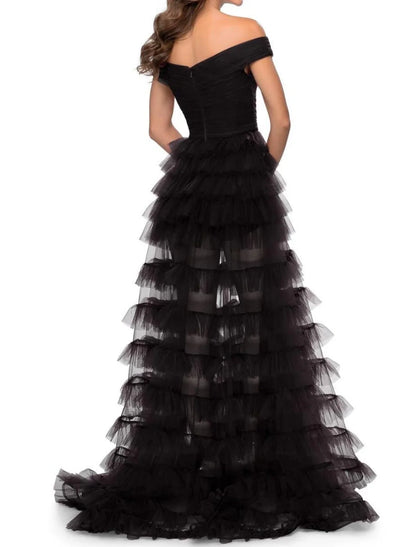 Ball Gown Party Dress Prom Dresses Tiered Plisse Dress Masquerade Prom Sweep / Brush Train Sleeveless Sweetheart Tulle V Back with Pure Color