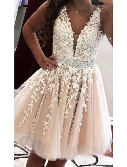 A-Line Cocktail Dresses Party Dress Homecoming Graduation Short / Mini Sleeveless V Neck Tulle V Back with Sash / Ribbon Appliques