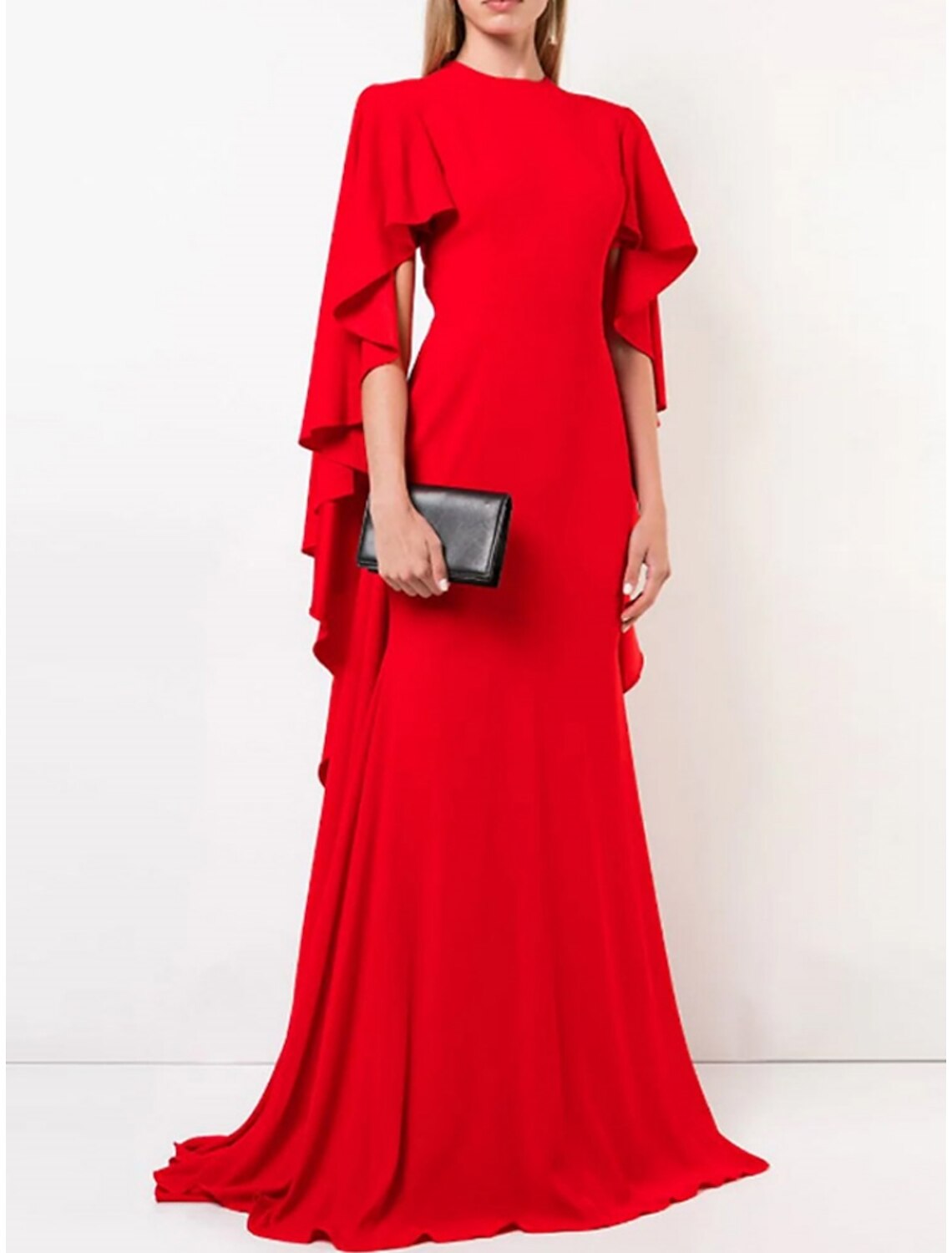 A-Line Evening Gown Elegant Dress Formal Sweep / Brush Train Long Sleeve Jewel Neck Chiffon with Pleats Ruffles