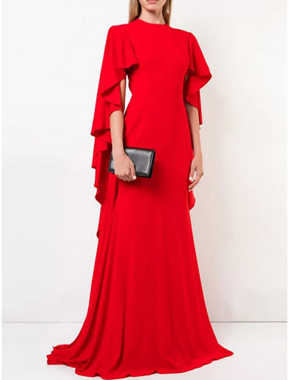 A-Line Evening Gown Elegant Dress Formal Sweep / Brush Train Long Sleeve Jewel Neck Chiffon with Pleats Ruffles