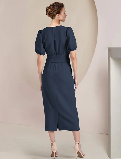 Sheath / Column Mother of the Bride Dress Formal Wedding Guest Elegant Scoop Neck Tea Length Chiffon Short Sleeve with Sash / Ribbon