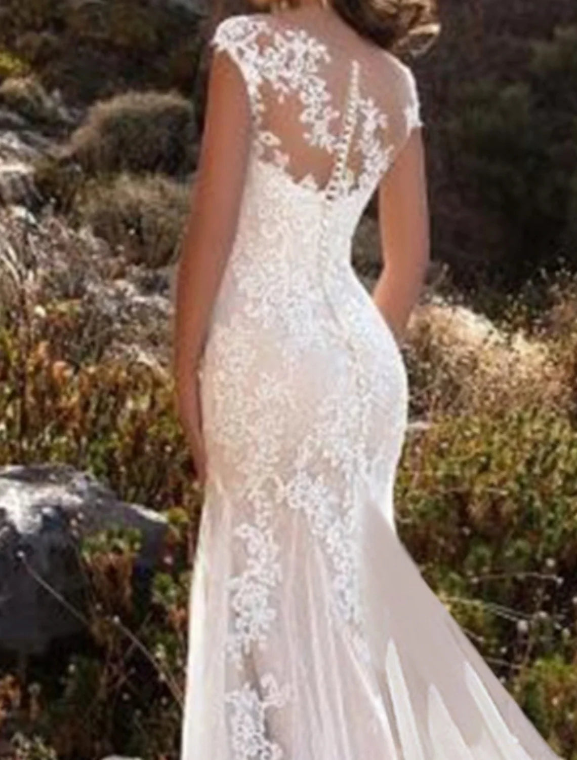 Engagement Formal Wedding Dresses Mermaid / Trumpet Illusion Neck Cap Sleeve Chapel Train Lace Bridal Gowns With Lace Insert Appliques