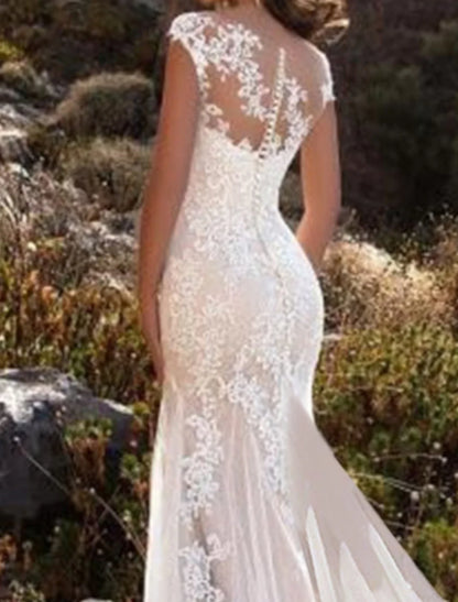 Engagement Formal Wedding Dresses Mermaid / Trumpet Illusion Neck Cap Sleeve Chapel Train Lace Bridal Gowns With Lace Insert Appliques