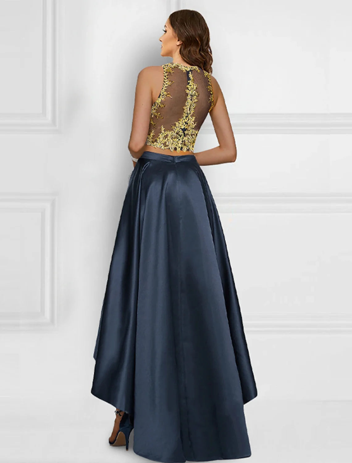 Two Piece Cocktail Dresses Sparkle & Shine Dress Prom Asymmetrical Sleeveless Jewel Neck Charmeuse with Appliques