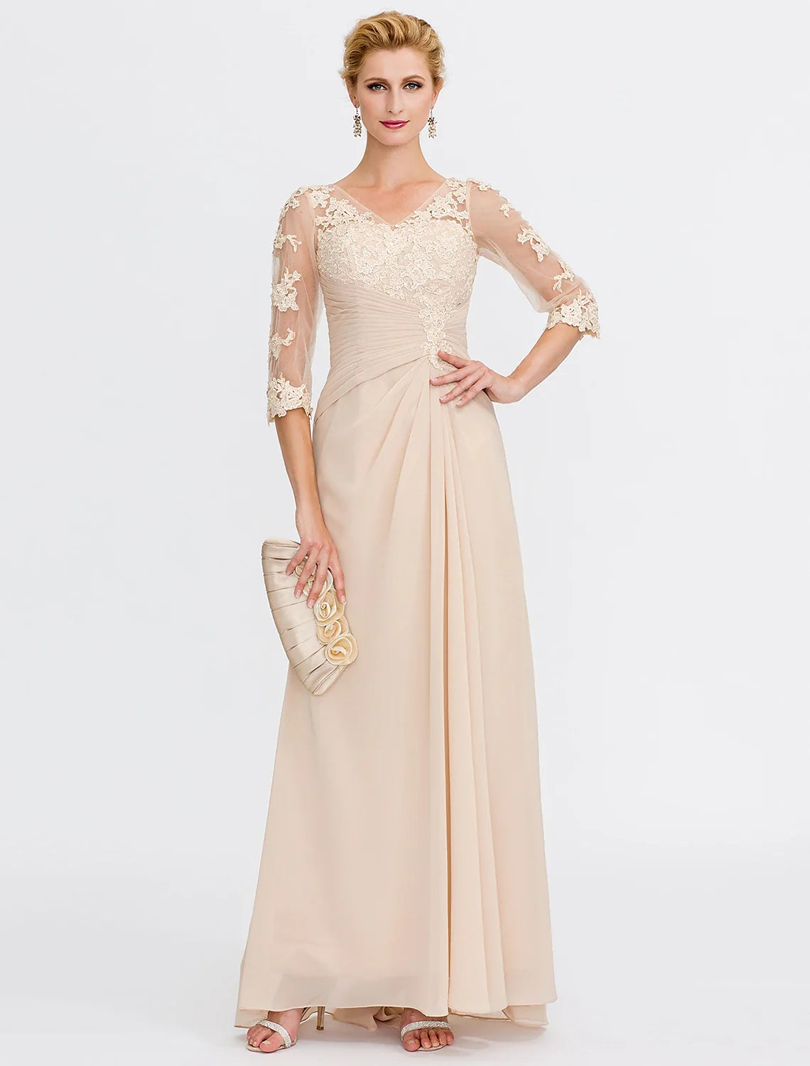 A-Line Mother of the Bride Dress Fall Wedding Guest Dresses Plus Size Elegant See Through V Neck Floor Length Chiffon Half Sleeve with Appliques Side Draping