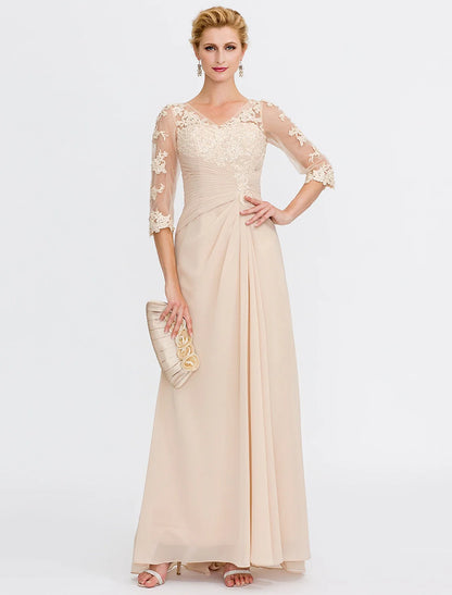A-Line Mother of the Bride Dress Fall Wedding Guest Dresses Plus Size Elegant See Through V Neck Floor Length Chiffon Half Sleeve with Appliques Side Draping