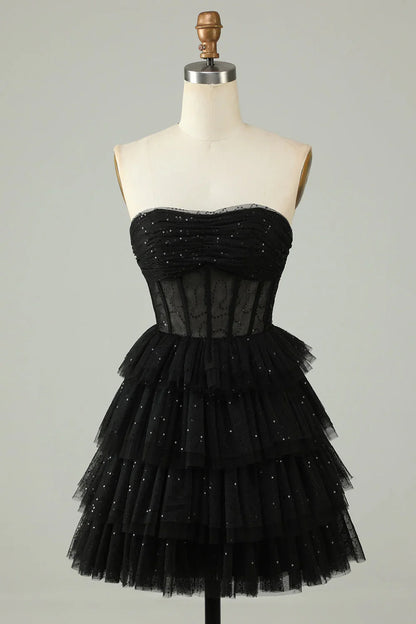 Gorgeous Black Sequined Design A-line Strapless Tiered Homecoming Dress TP3636