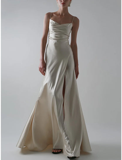 A-Line Evening Gown Sexy Dress Wedding Guest Prom Floor Length Sleeveless Spaghetti Strap Satin with Slit Pure Color 2026