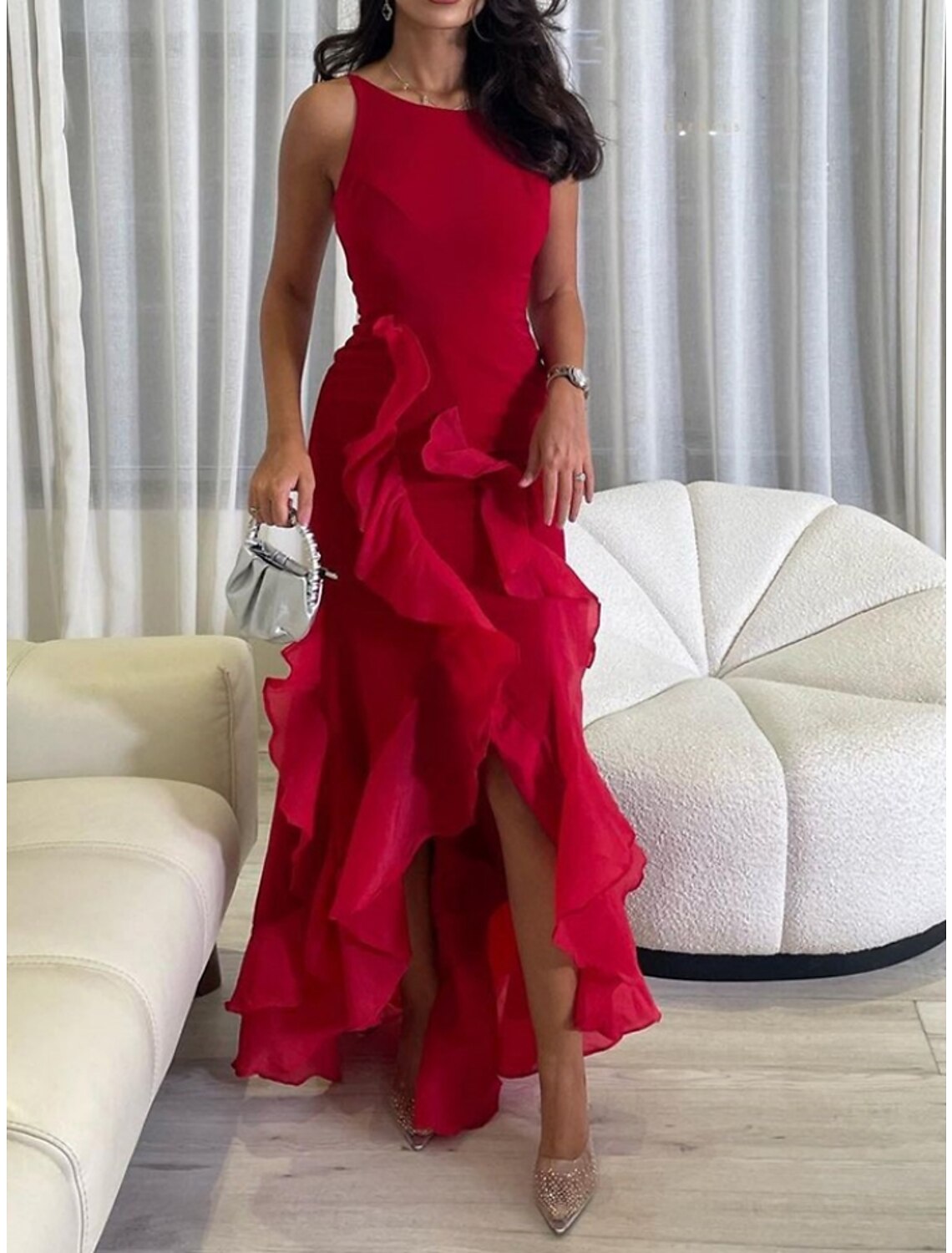 A-Line Evening Gown Elegant Dress Formal Ankle Length Christmas Red Green Dress Sleeveless Scoop Neck Chiffon with Ruffles Slit