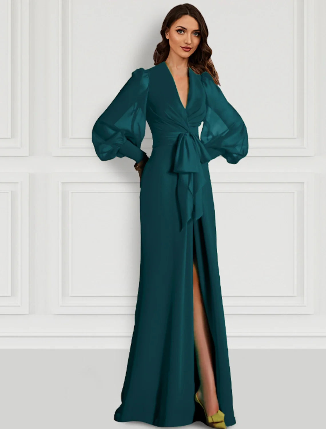 Mermaid Christmas Red Green Dress Evening Gown Elegant Dress Formal Wedding Guest Sweep / Brush Train Long Sleeve V Neck Fall Wedding Guest Chiffon with Slit Strappy 2026