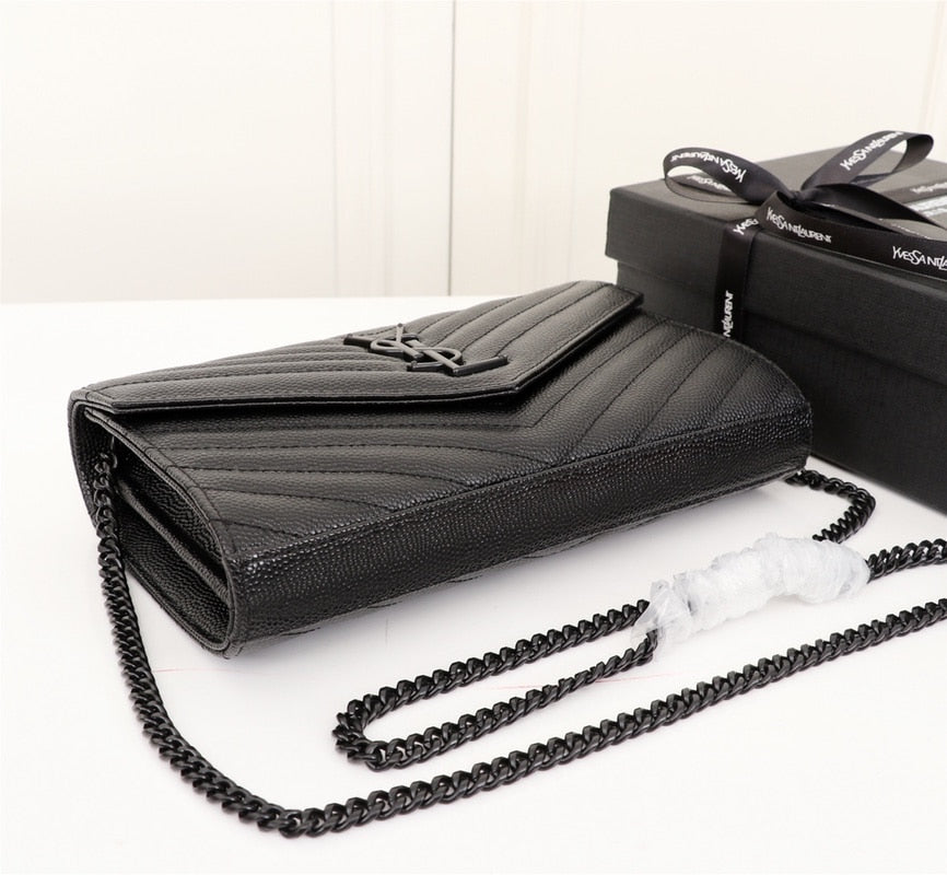 Saint Laurent Cassandre Matelassé Chain Wallet In Grain De Poudre Embossed Black Noir 22Cm 377828BOW081000