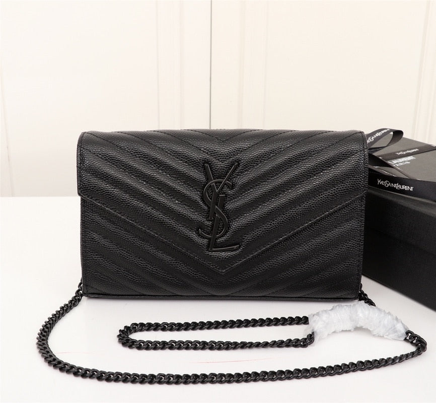 Saint Laurent Cassandre Matelassé Chain Wallet In Grain De Poudre Embossed Black Noir 22Cm 377828BOW081000