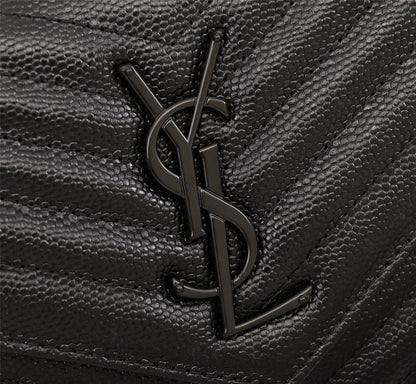 Saint Laurent Cassandre Matelassé Chain Wallet In Grain De Poudre Embossed Black Noir 22Cm 377828BOW081000