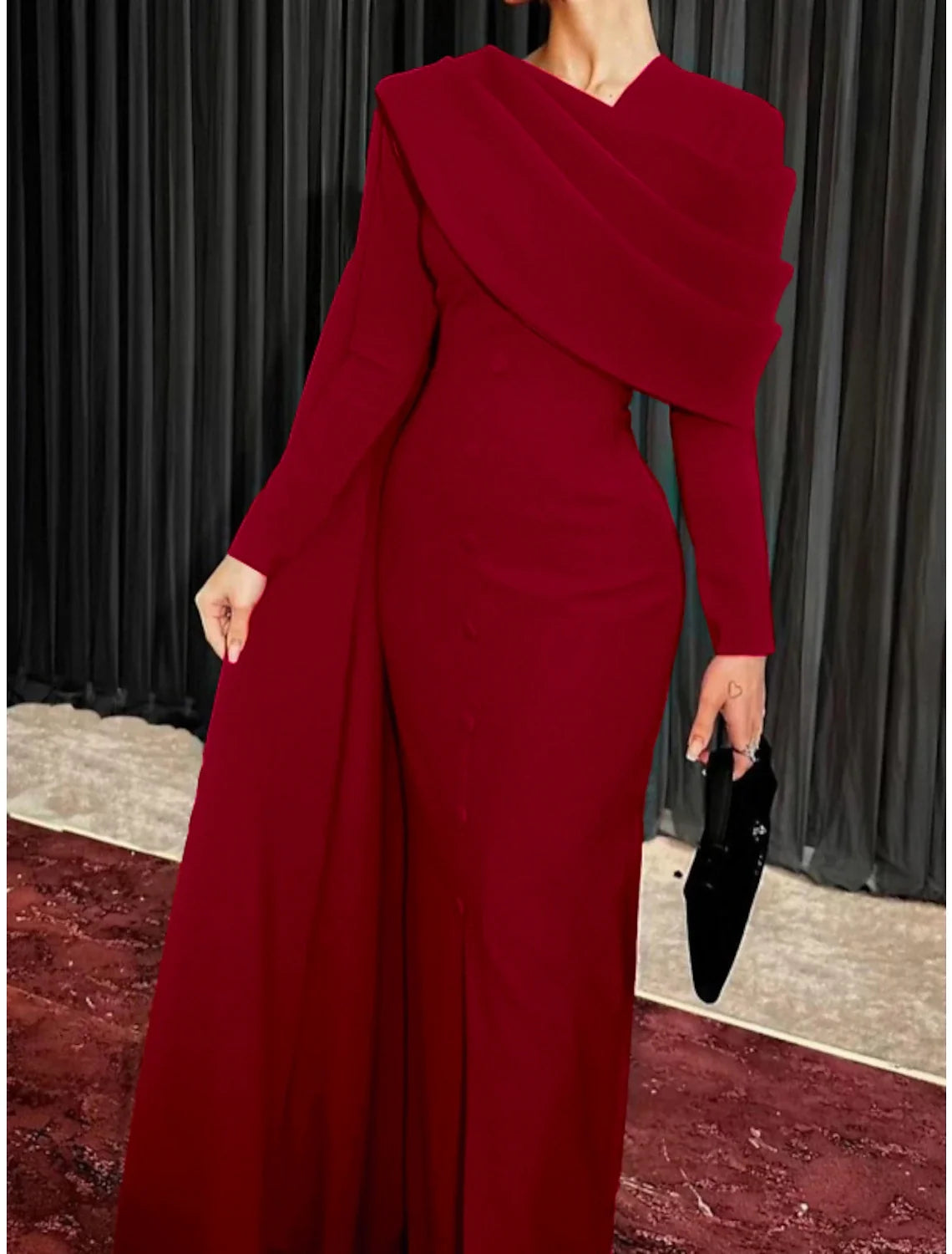 Sheath / Column Red Black Christmas Red Green Dress Evening Gown Elegant Cape Dress Formal Fall Sweep / Brush Train Long Sleeve Cowl Neck Fabric with Buttons Slit 2026