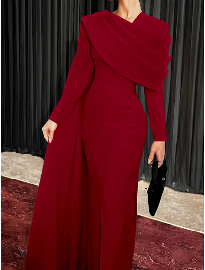 Sheath / Column Red Black Christmas Red Green Dress Evening Gown Elegant Cape Dress Formal Fall Sweep / Brush Train Long Sleeve Cowl Neck Fabric with Buttons Slit 2026