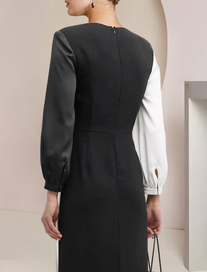 Sheath / Column Mother of the Bride Dress Formal Wedding Guest Party Elegant V Neck Floor Length Satin 3/4 Length Sleeve with Color Block
