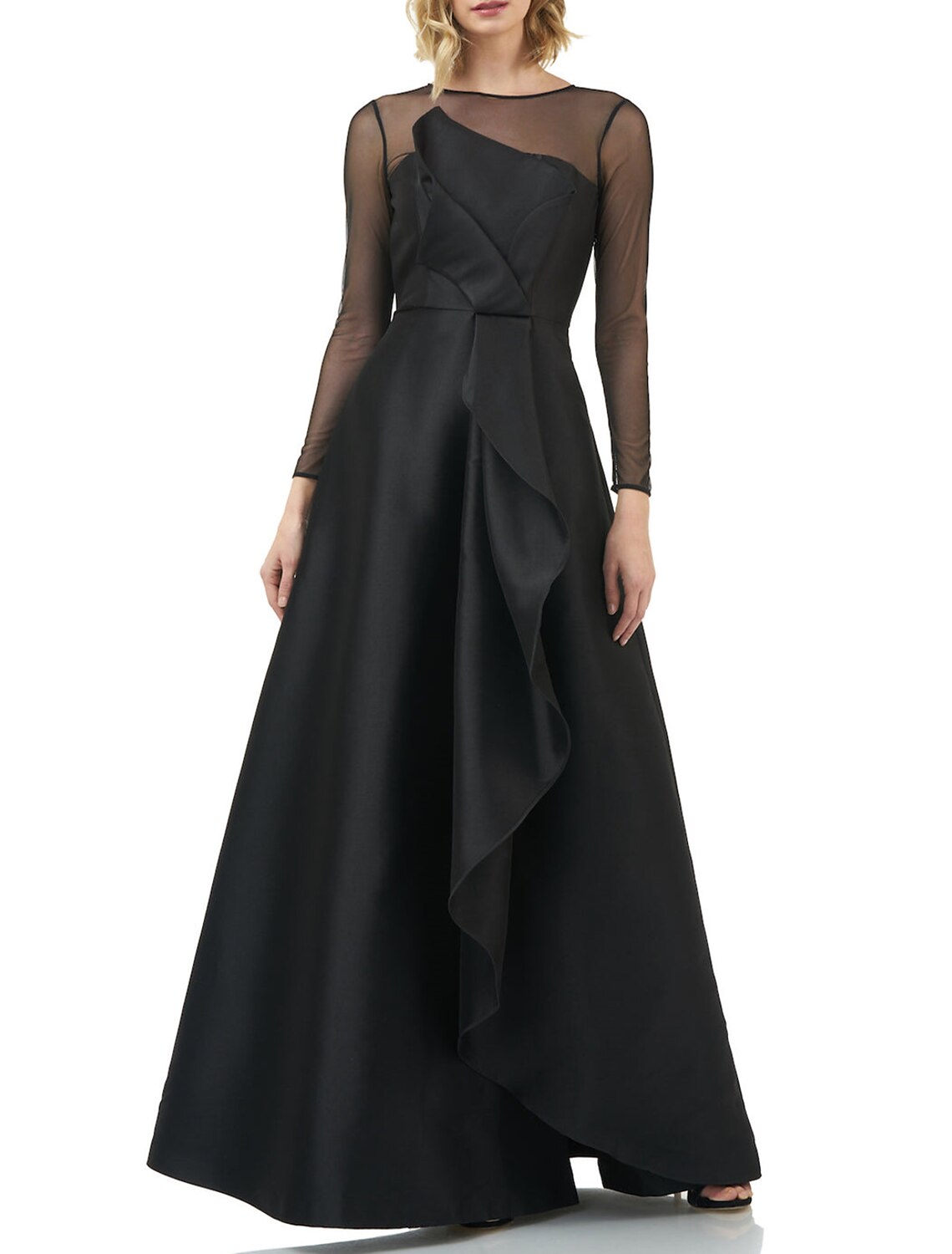 A-Line Evening Dress Black Dress Elegant Dress Wedding Wedding Guest Floor Length Long Sleeve Jewel Neck Gothic Satin with Ruffles 2026