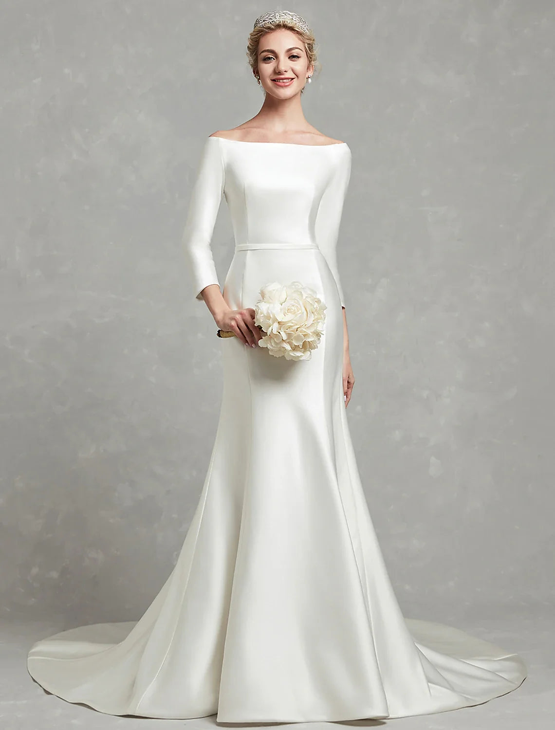 Casual Fall Wedding Dresses Mermaid / Trumpet Off Shoulder 3/4 Length Sleeve Chapel Train Satin Bridal Gowns With Pleats Summer Wedding Party Women's Clothing