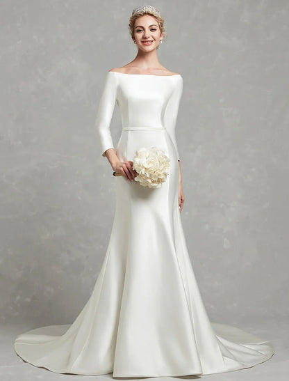 Casual Fall Wedding Dresses Mermaid / Trumpet Off Shoulder 3/4 Length Sleeve Chapel Train Satin Bridal Gowns With Pleats Summer Wedding Party Women's Clothing