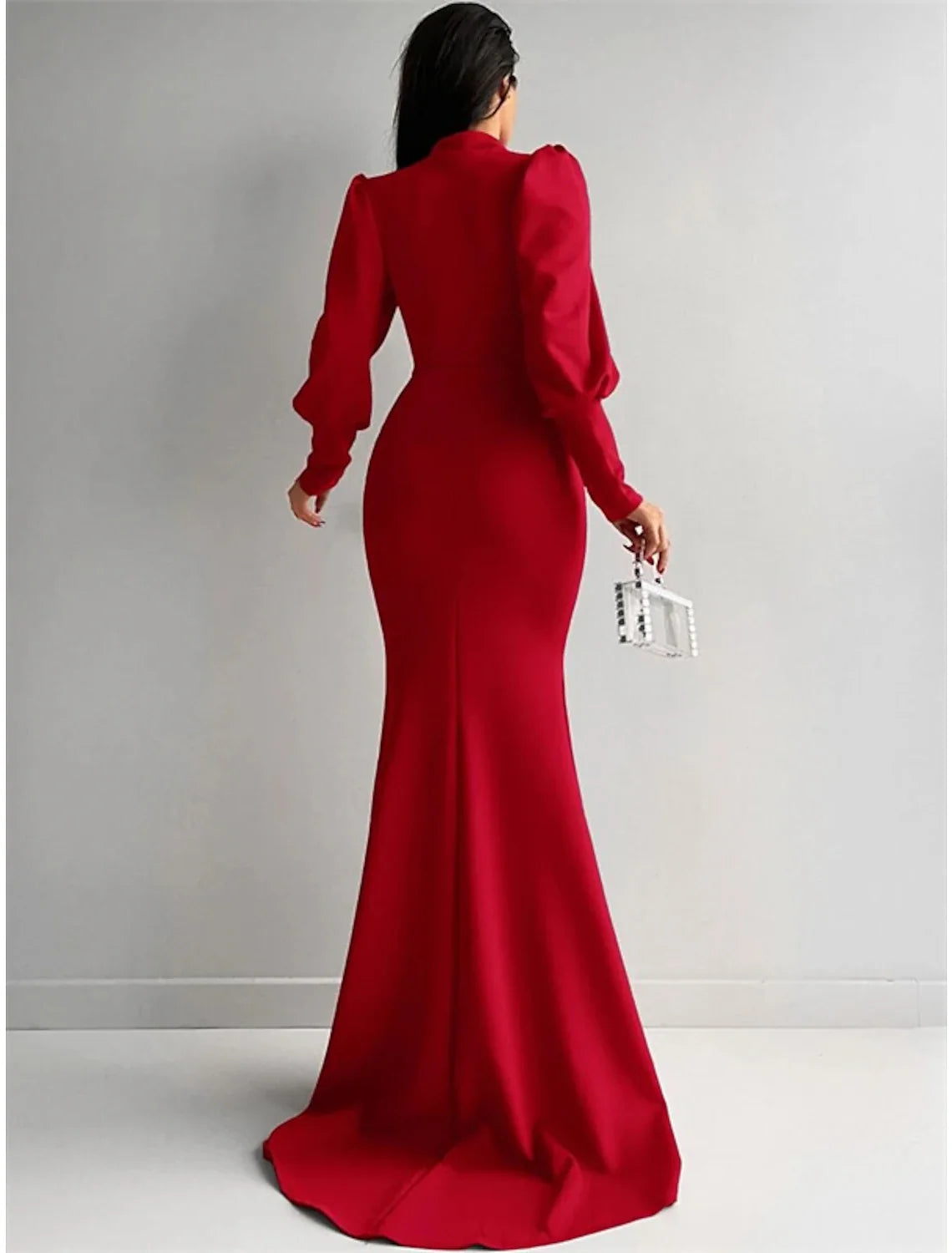 Mermaid Evening Gown Elegant Dress Formal Red Green Dress Sweep / Brush Train Long Sleeve High Neck Satin with Ruched